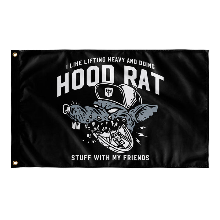 Hood Rat Flag - Polyester Flag, horizontal gym flag hanging in a home gym - Conquering Barbell