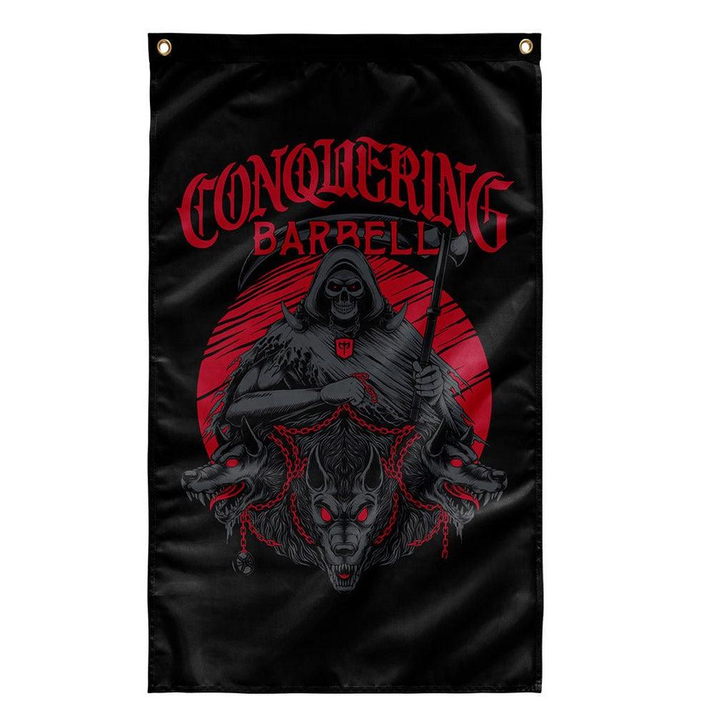 Hunt or Be Hunted - Polyester Flag, vertical gym flag hanging in a home gym - Conquering Barbell