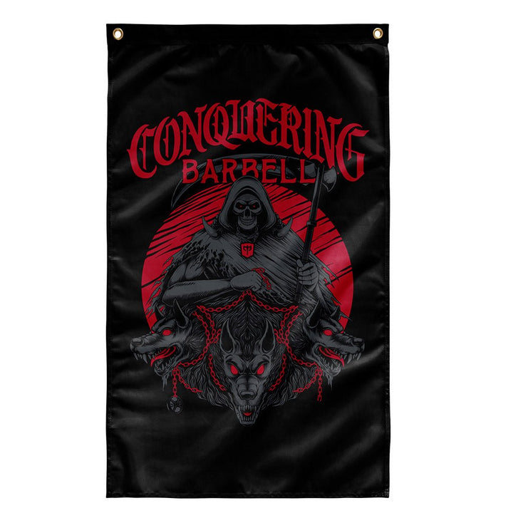 Hunt or Be Hunted - Polyester Flag, vertical gym flag hanging in a home gym - Conquering Barbell