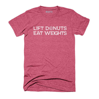 Lift Donuts Eat Weights - on Raspberry Tee - Conquering Barbell