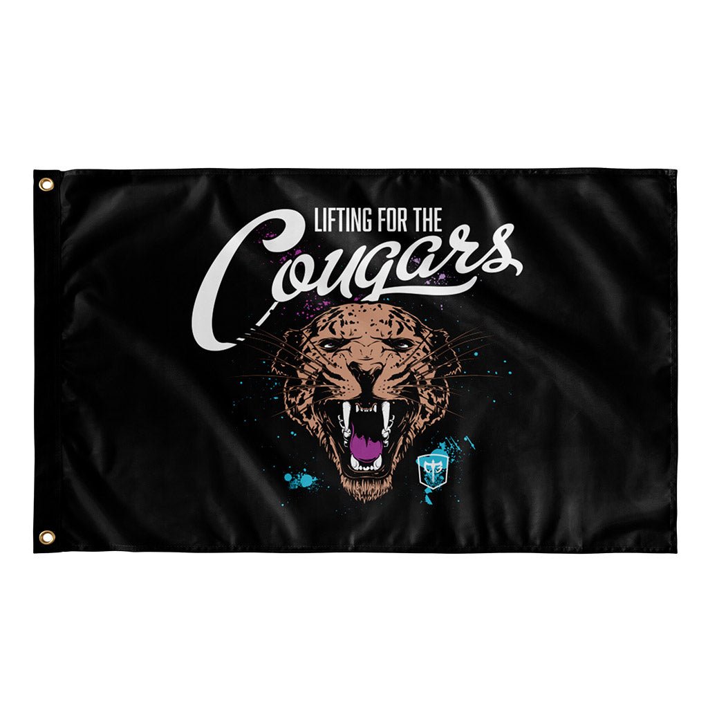 Lifting for the Cougars - Polyester Flag, horizontal gym flag hanging in a home gym - Conquering Barbell