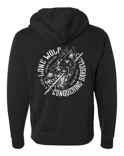 Lone Wolf - on Black Pullover Hoodie - Conquering Barbell