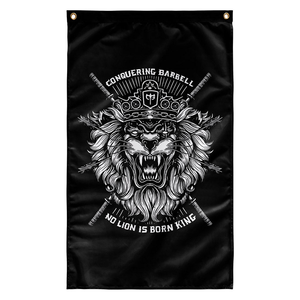 No Lion Is Born King Flag - Black Flag Version - 3' x 5' Polyester Flag - Conquering Barbell
