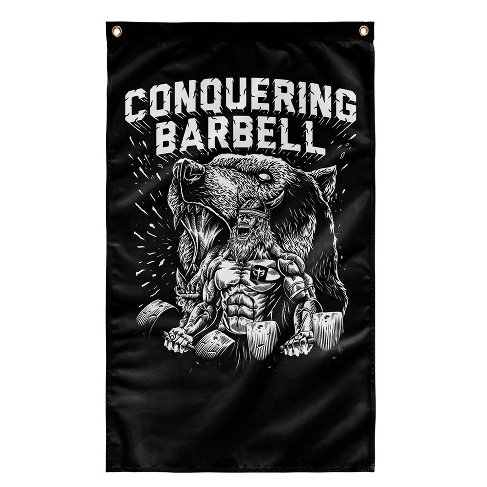 O.G. Viking Flag - Polyester Flag, vertical gym flag hanging in a home gym - Conquering Barbell