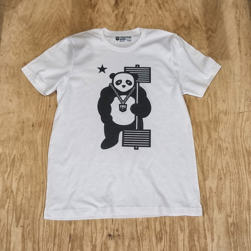 Panda Nation - on White Tee - Conquering Barbell