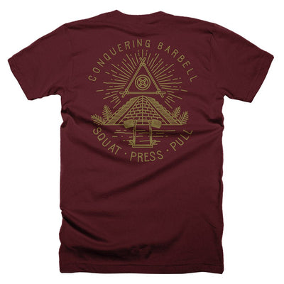 Powerluminati - The All Seeing Barbell - on Maroon Tee - Conquering Barbell