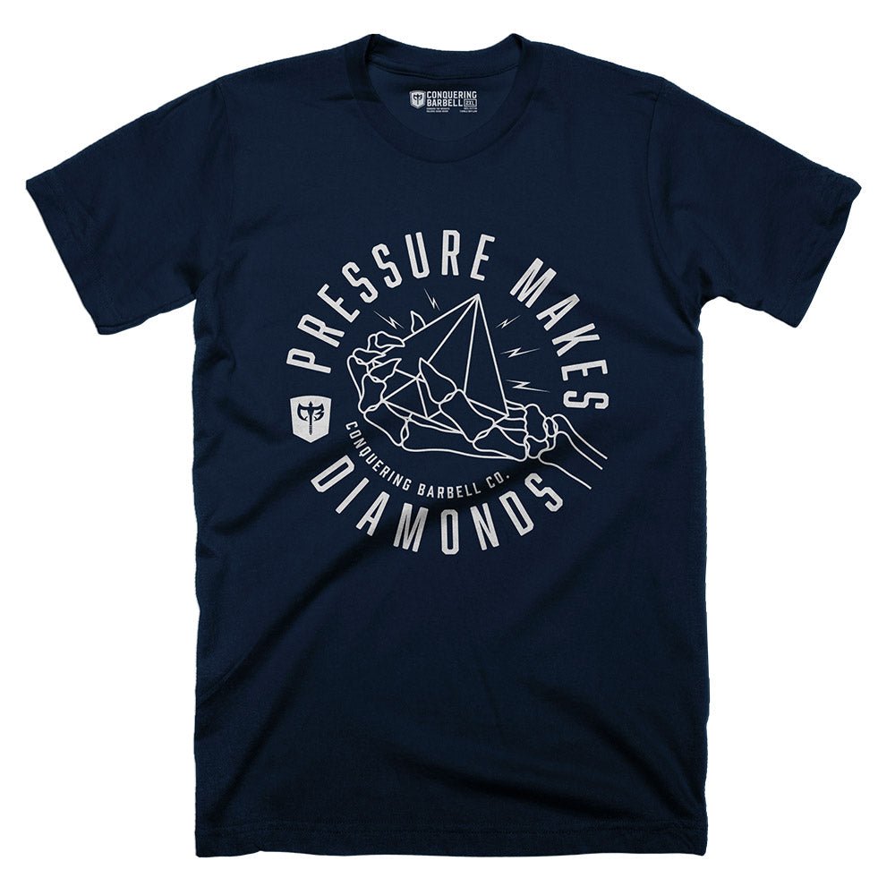 Pressure Makes Diamonds - on Navy Tee - Conquering Barbell