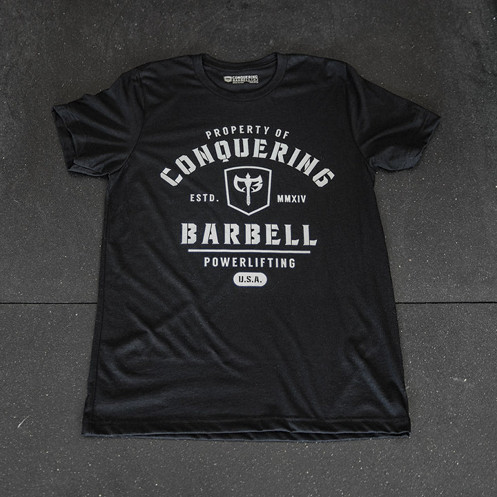 Property of Conquering Barbell - on Black tee - Conquering Barbell