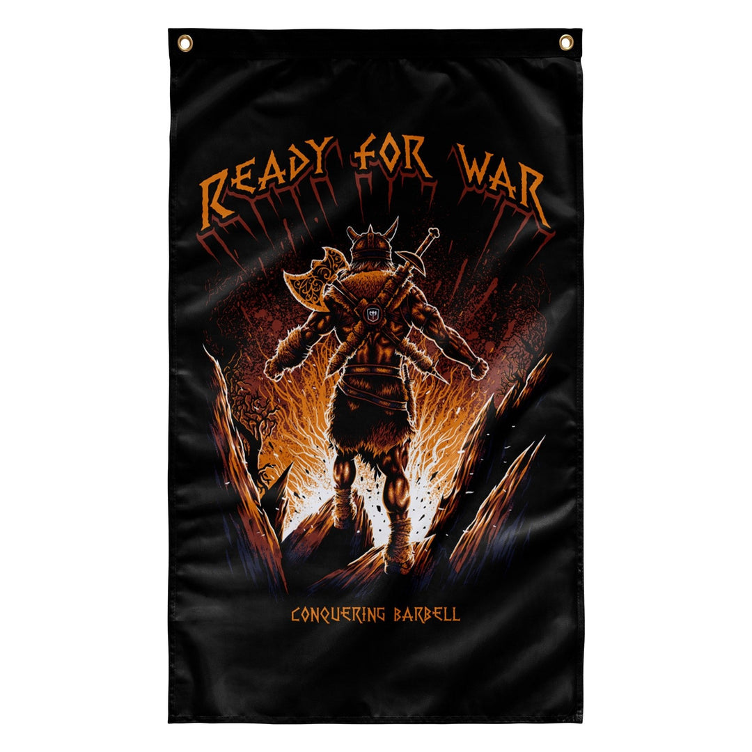 Ready for War Flag - Polyester Flag, vertical gym flag hanging in a home gym - Conquering Barbell