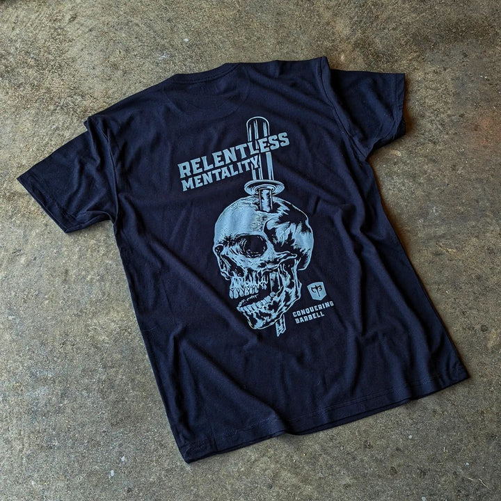 Relentless Mentality Skull tee in Black: a skull run through with a barbell