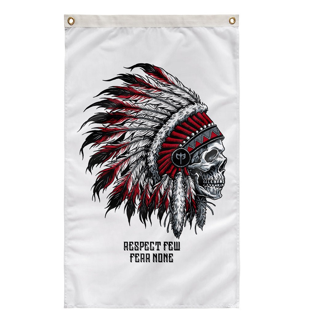 Respect Few, Fear None - Polyester Flag, vertical gym flag hanging in a home gym - Conquering Barbell