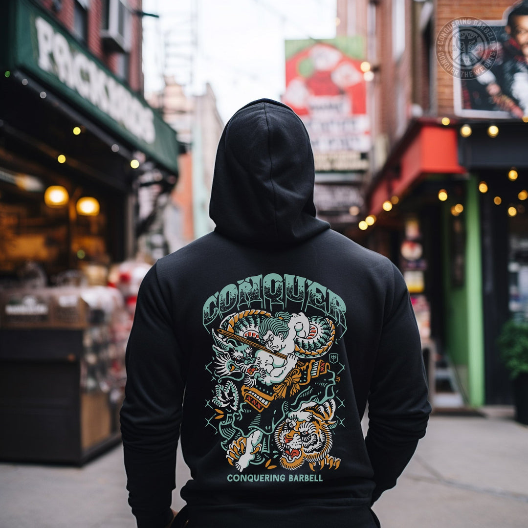 Samurai vs Dragon vs Tiger - on Black Pullover Hoodie - Conquering Barbell