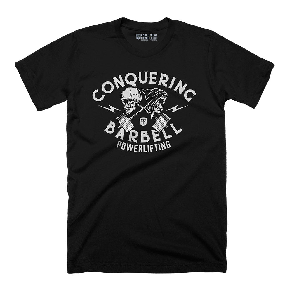 Skulls & Barbells - on Black Tee - Conquering Barbell