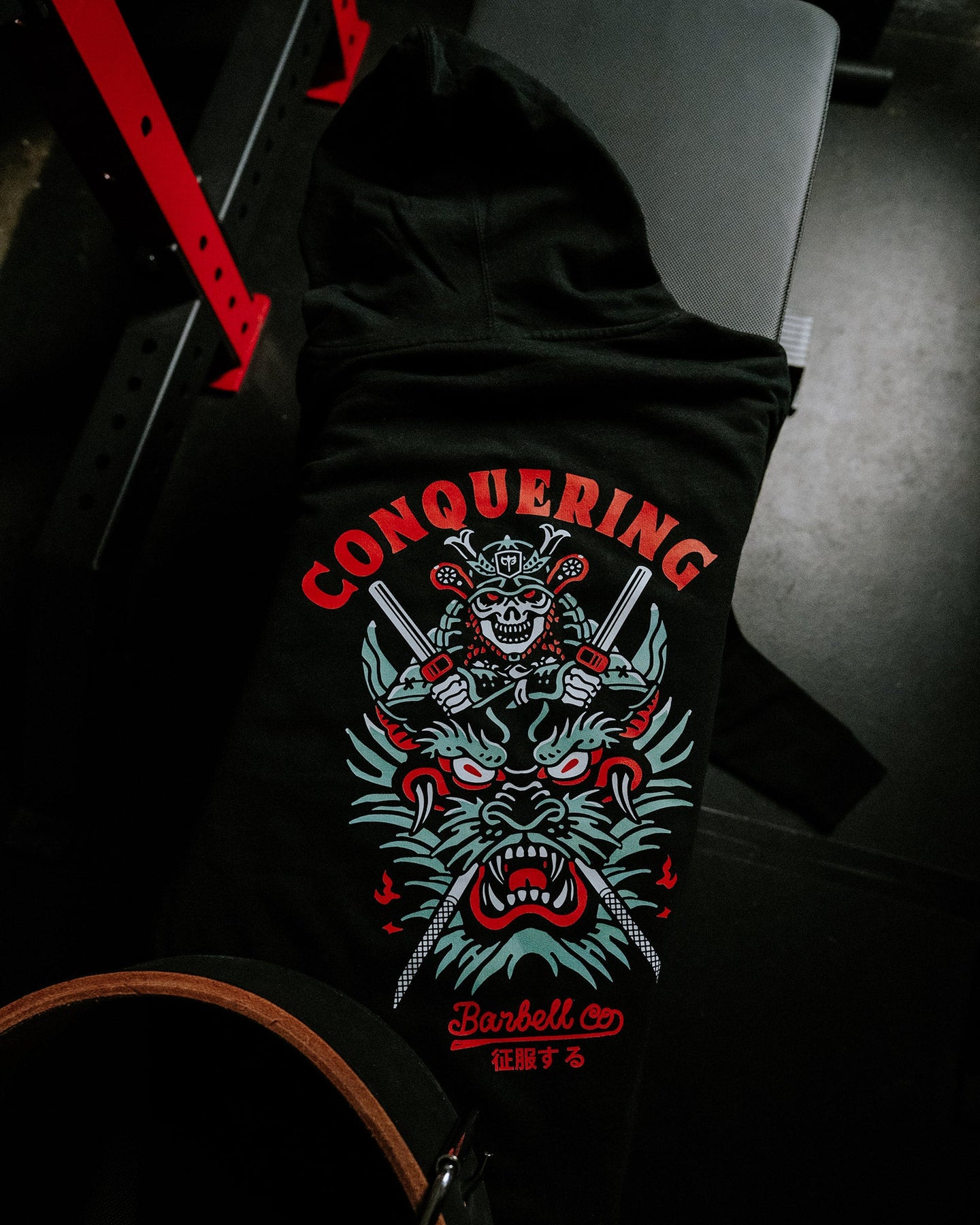 Conquer - Samurai - on Black Pullover Hoodie - Conquering Barbell