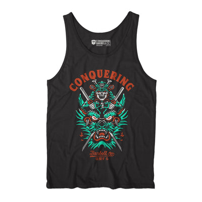 Slaying the Dragon - on Black tank top - Conquering Barbell