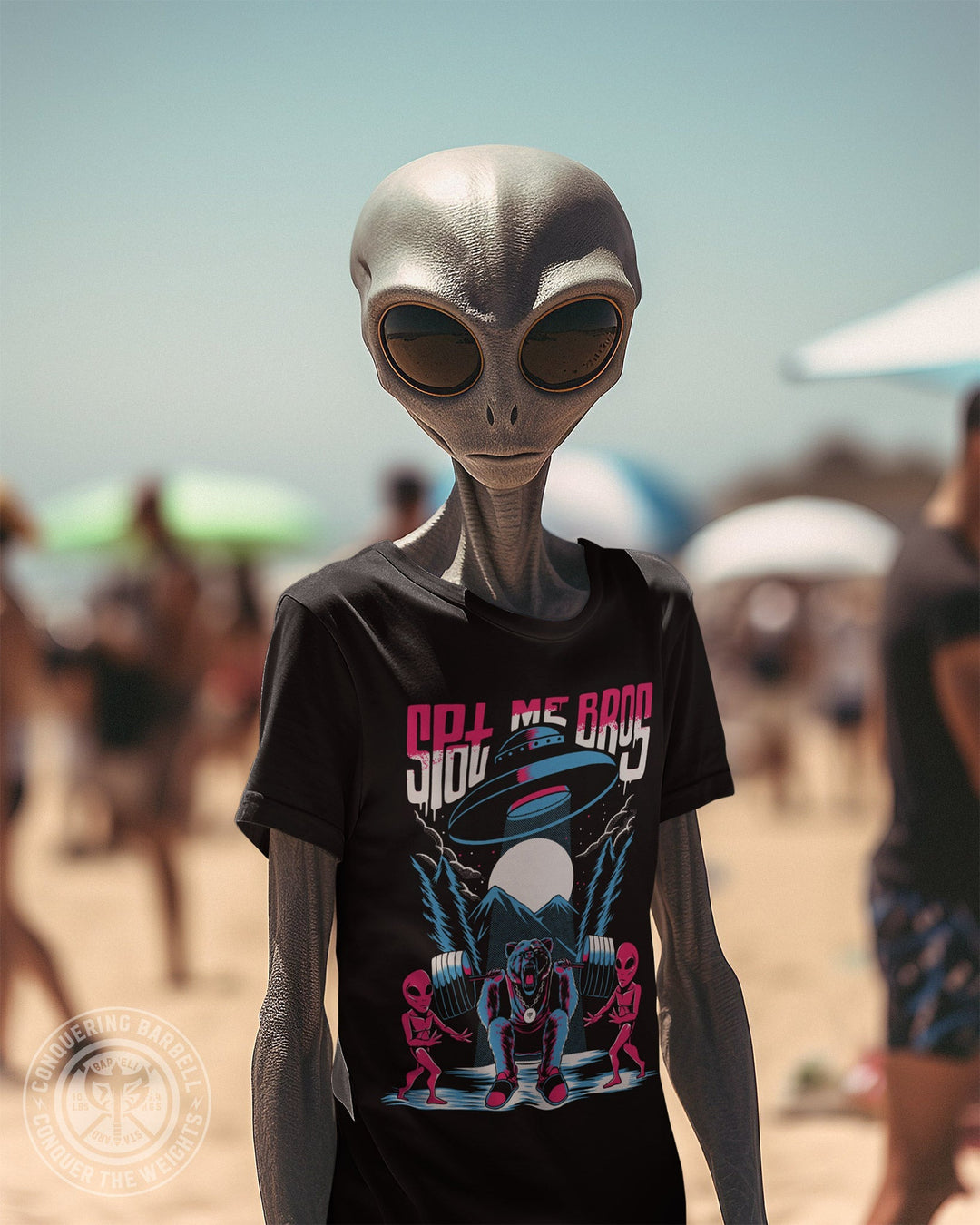 Spot Me Bros tee in Black: a lifter under a heavy squat with two pink aliens spotting