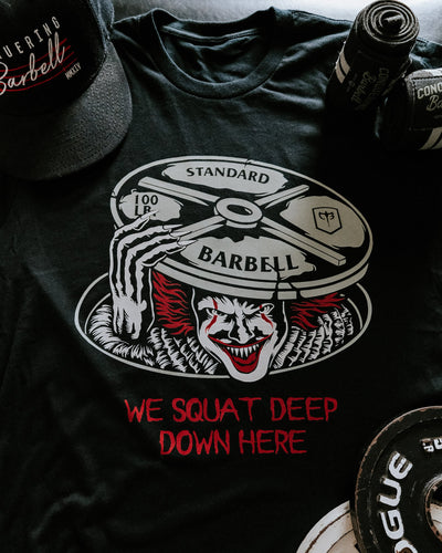 Squat Deep (Penny) - on Black Tee - Conquering Barbell