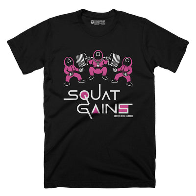 Squat Gains - on Black Tee - Conquering Barbell