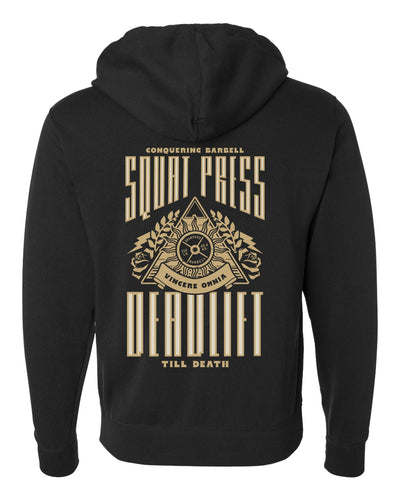 Squat Press Deadlift Till Death - on Black Pullover Hoodie - Conquering Barbell
