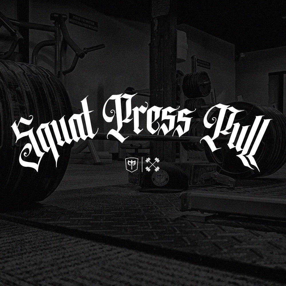 Squat Press Pull® Arch tee in Black: Squat Press Pull in a sweeping white blackletter arch across the chest