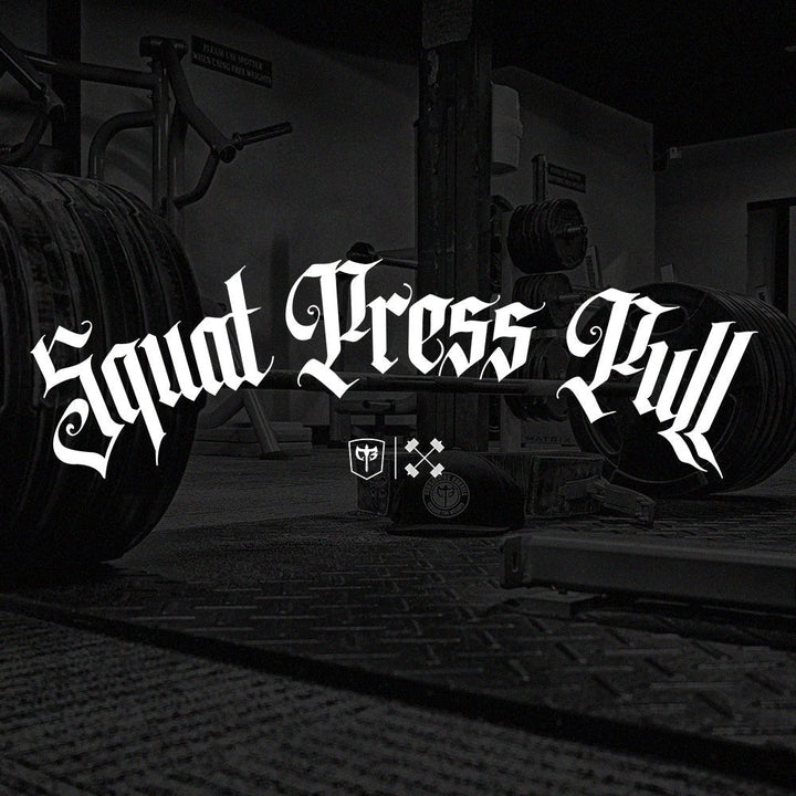 Squat Press Pull® Arch tee in Black: Squat Press Pull in a sweeping white blackletter arch across the chest
