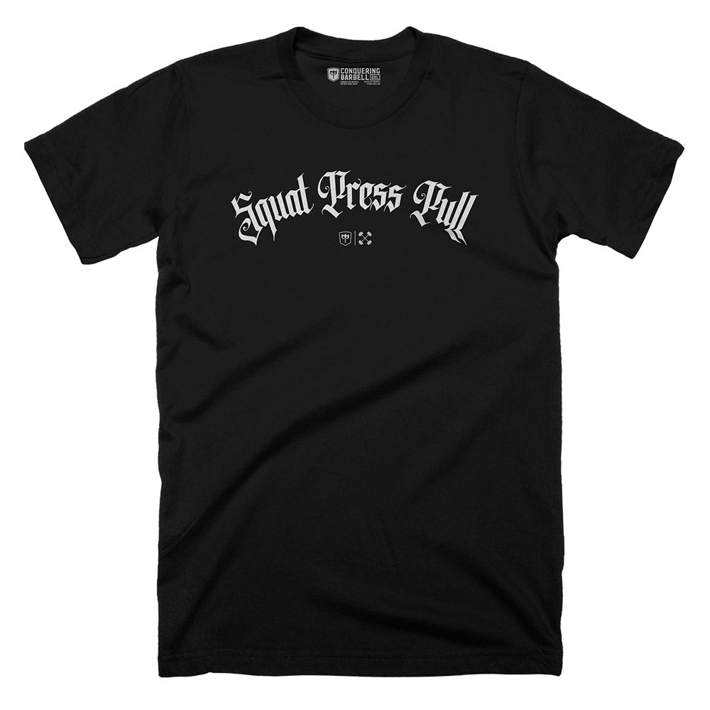 Squat Press Pull® - Arch- on Black tee - Conquering Barbell