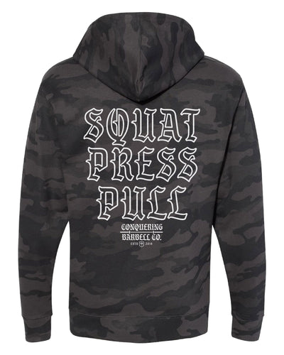 Squat Press Pull - Flagship - Black Camo Pullover Hoodie - Conquering Barbell