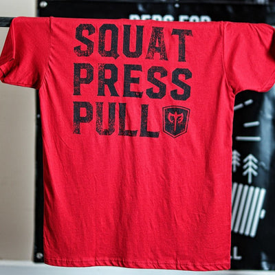 Squat Press Pull® on Red Tee - Conquering Barbell