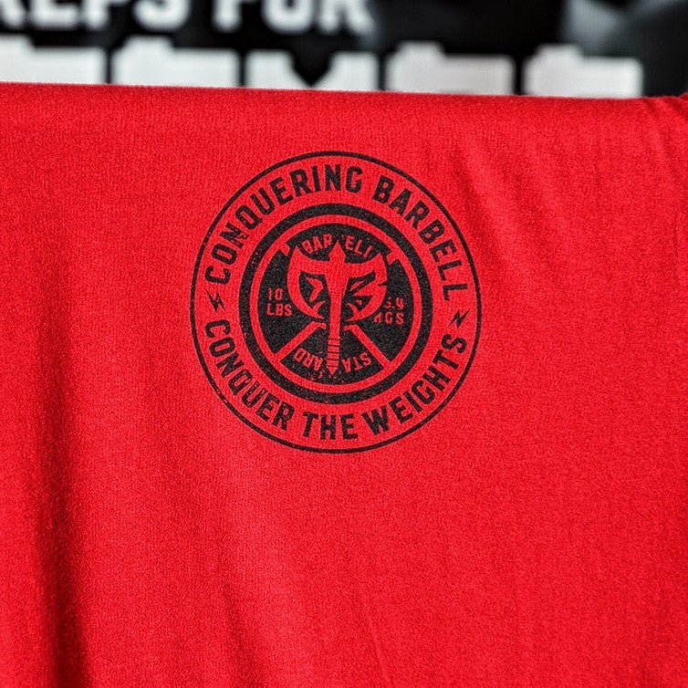 Squat Press Pull® on Red Tee - Conquering Barbell