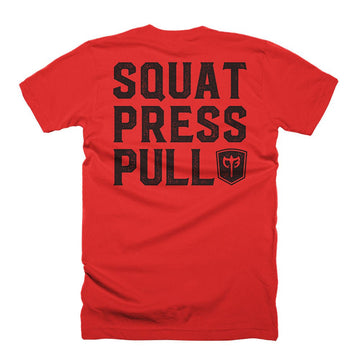Squat Press Pull® on Red Tee - Conquering Barbell