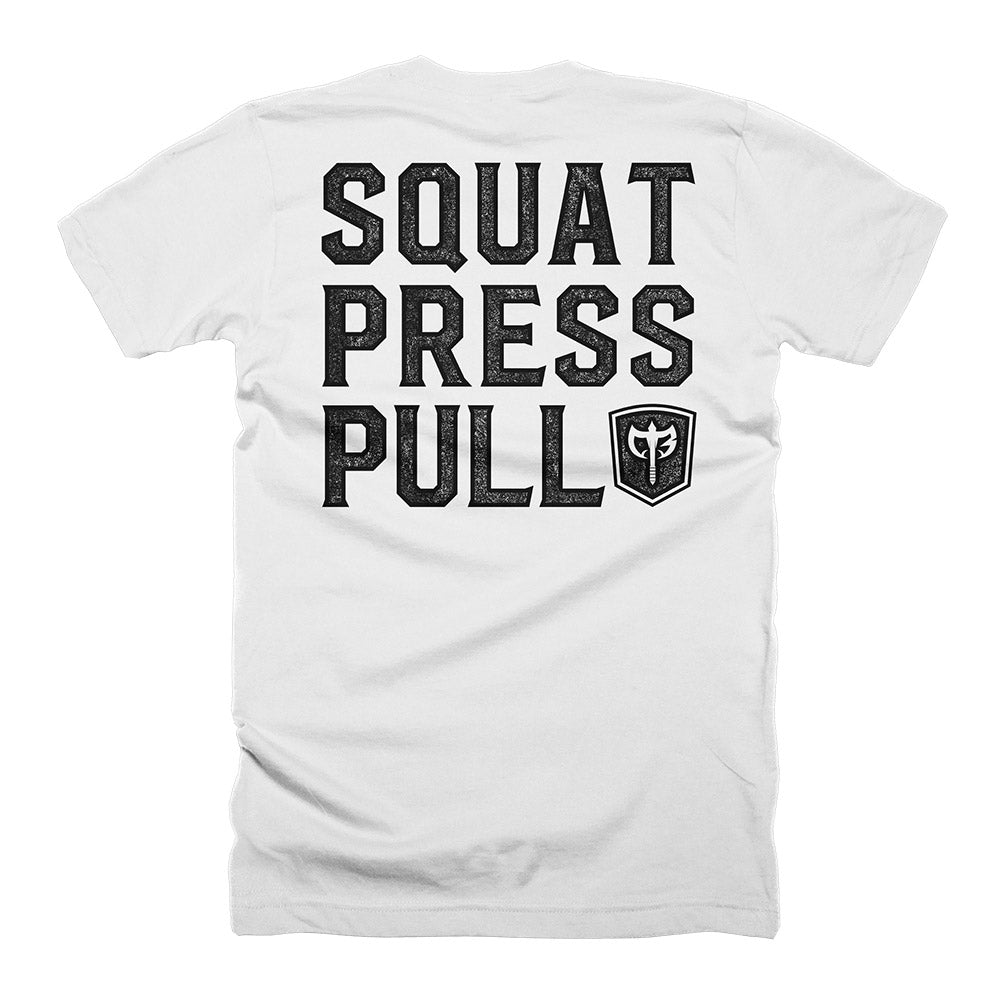 Squat Press Pull® on White Tee - Conquering Barbell