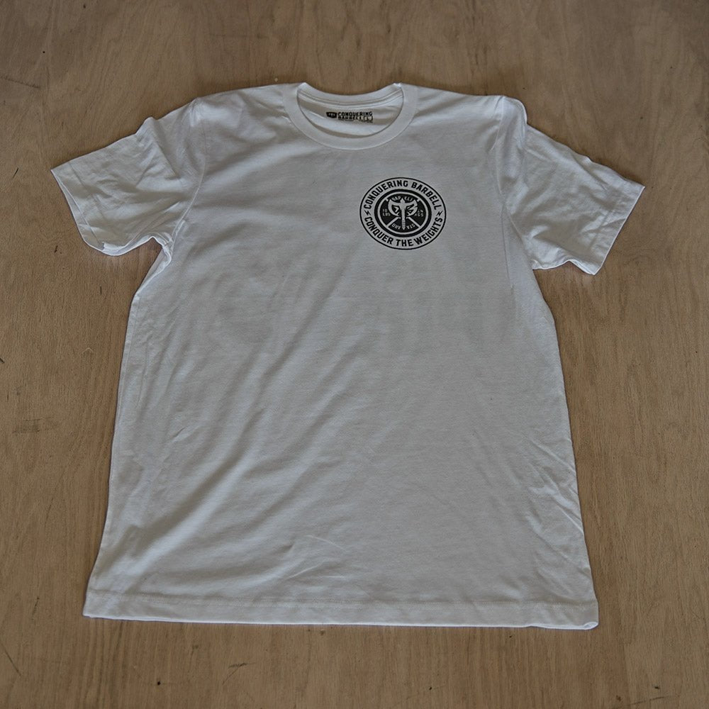 Squat Press Pull® on White Tee - Conquering Barbell