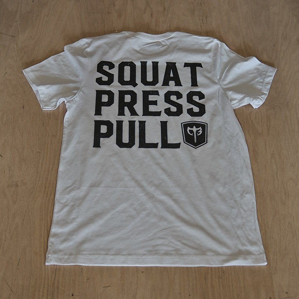 Squat Press Pull® on White Tee - Conquering Barbell