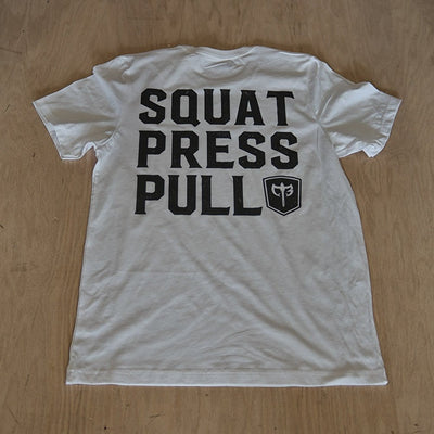 Squat Press Pull® on White Tee - Conquering Barbell