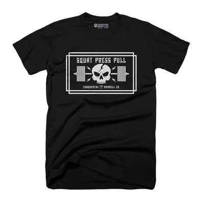 Squat Press Pull (Skull) - on Black Tee - Conquering Barbell