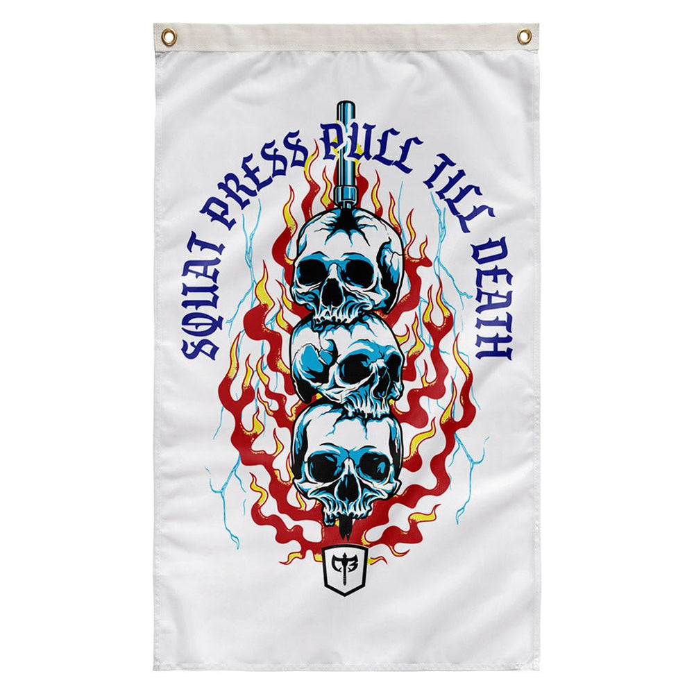 Squat Press Pull® Till Death-White - Polyester Flag, vertical gym flag hanging in a home gym - Conquering Barbell