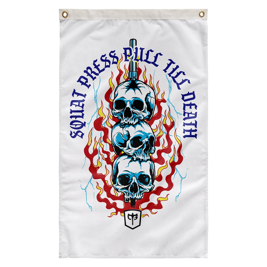 Squat Press Pull® Till Death-White - Polyester Flag, vertical gym flag hanging in a home gym - Conquering Barbell