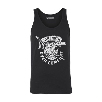 Strength Over Comfort - on Black tank top - Conquering Barbell