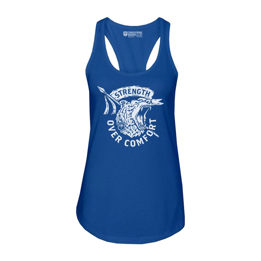 Strength Over Comfort - on Royal Racerback - Conquering Barbell