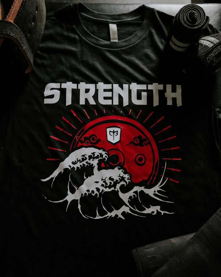 Strength (Waves) - on Black Tee - Conquering Barbell