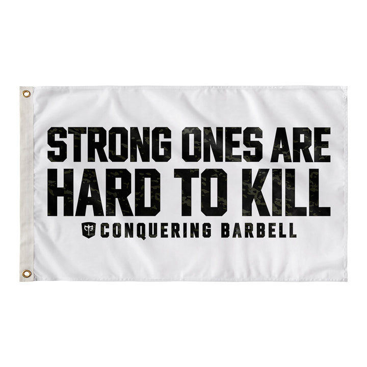 Strong Ones are Hard to Kill - Black Camo - Polyester Flag, horizontal gym flag hanging in a home gym - Conquering Barbell