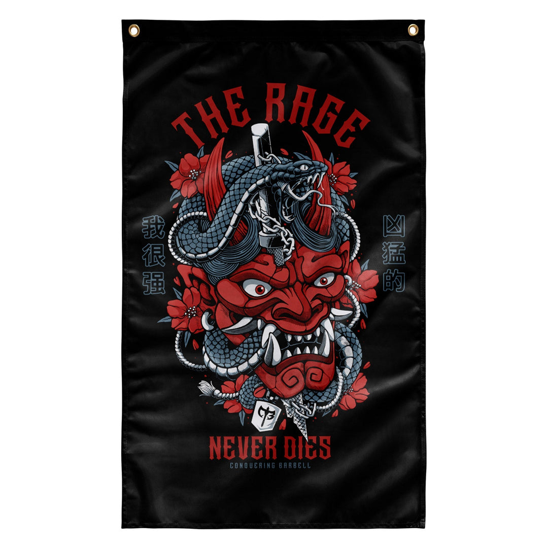 The Rage Never Dies - Hannya Mask - Polyester Flag, vertical gym flag hanging in a home gym - Conquering Barbell