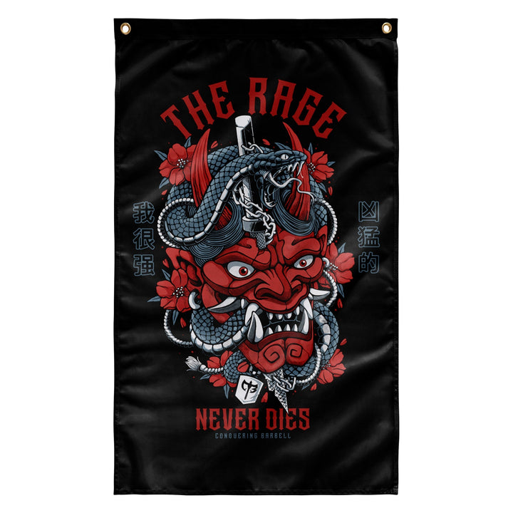 The Rage Never Dies - Hannya Mask - Polyester Flag, vertical gym flag hanging in a home gym - Conquering Barbell