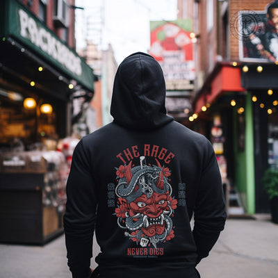 The Rage Never Dies - Hannya Mask - on Black Pullover Hoodie - Conquering Barbell