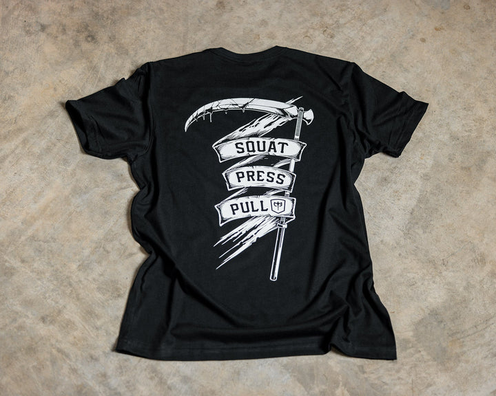 The Scythe Squat Press Pull® tee in Black: a reaper&