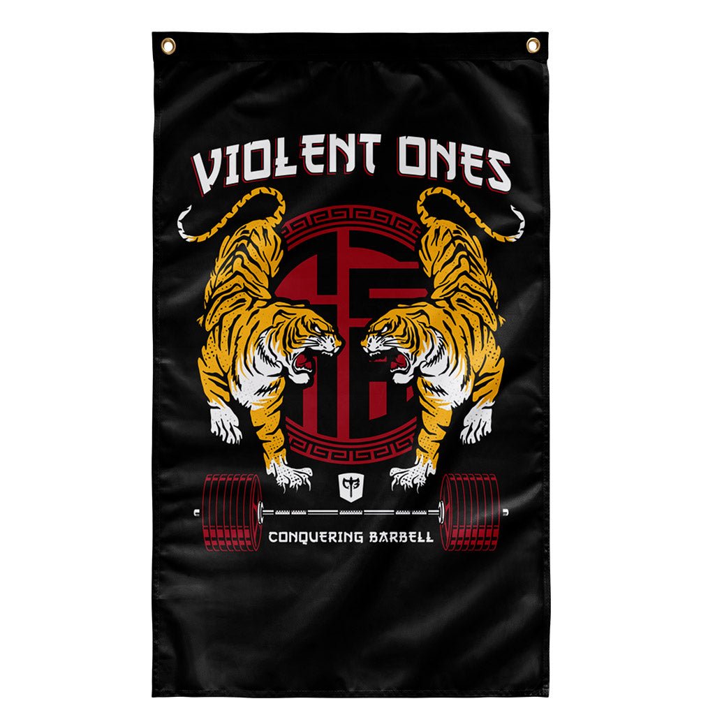 Violent Ones Flag - Polyester Flag, vertical gym flag hanging in a home gym - Conquering Barbell