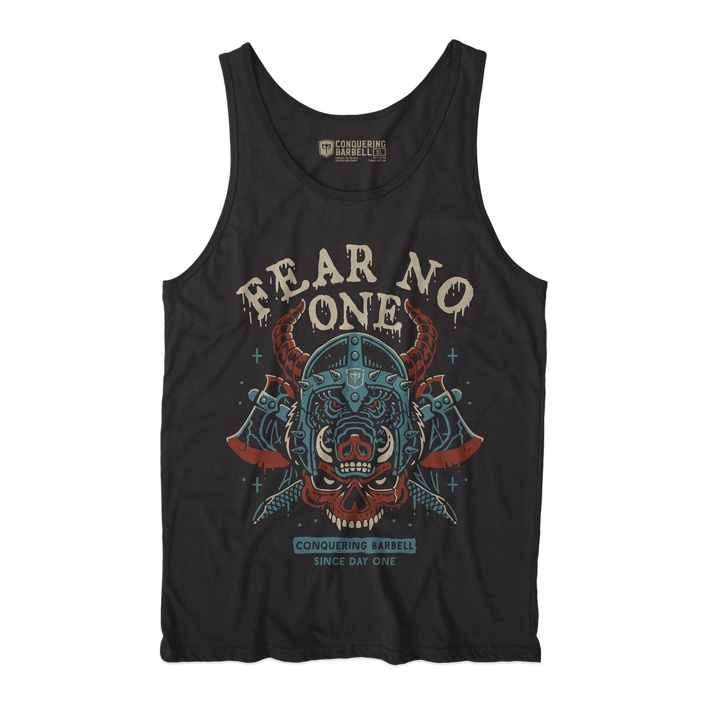 Warrior - Fear No One - on Black tank top - Conquering Barbell