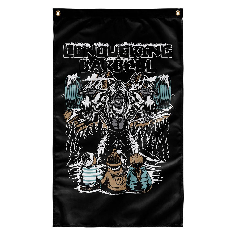 Yeti Squats Flag - Polyester Flag, vertical gym flag hanging in a home gym - Conquering Barbell