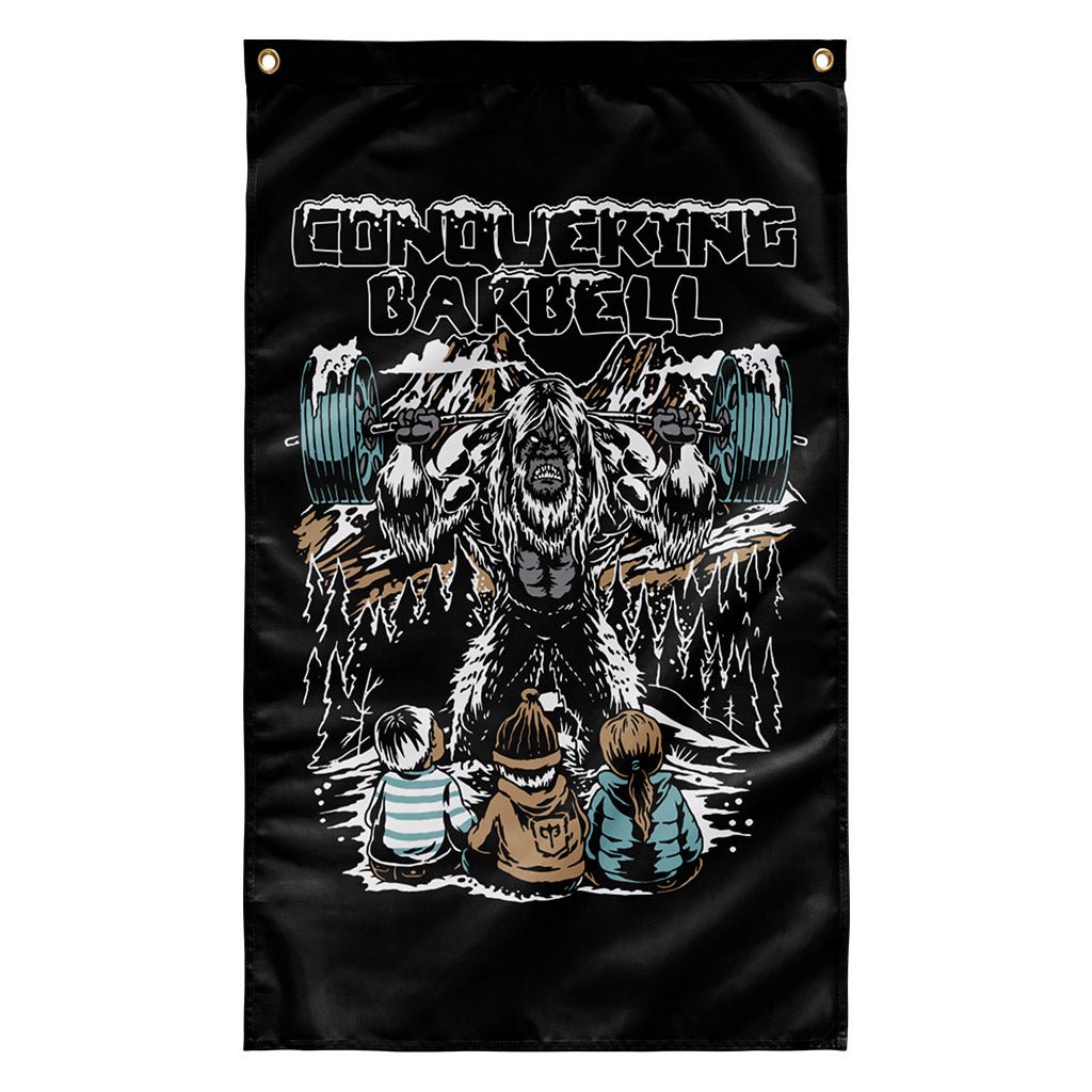 Yeti Squats Flag - Polyester Flag, vertical gym flag hanging in a home gym - Conquering Barbell