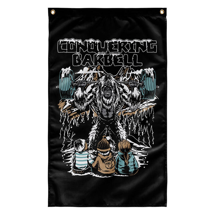 Yeti Squats Flag - Polyester Flag, vertical gym flag hanging in a home gym - Conquering Barbell